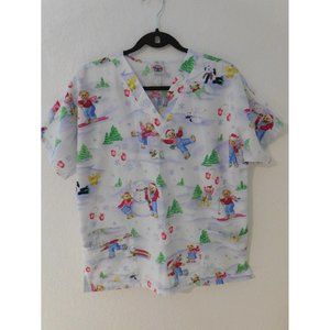 Blue Jean Teddy Bear Medium Scrub Top Christmas Winter White Medical Dental Vet